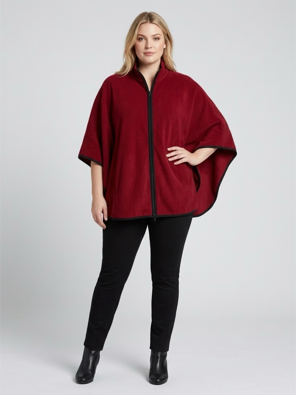 Anne Klein Women’s 1X Red Black Trim Zip Front Cape Poncho Sweater Jacket